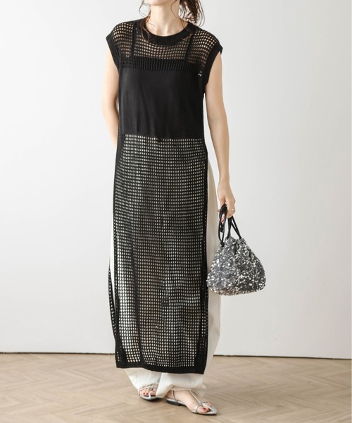 AMELY(エミリー)の「メッシュニットロングジレ(ベスト・レディース・ブラック/ベージュ/ブラウン/グリーン・フリー)」の1枚目の写真