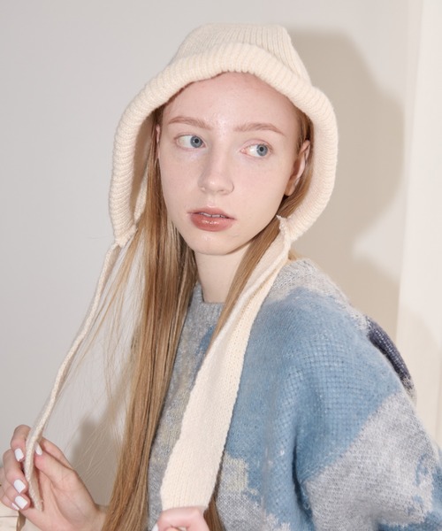 idem（イデム）の「hoodie like beanie/ニットバラクラバ（ニットキャップ/ビーニー・レディース・アイボリー/グレー・FREE）」の6枚目の写真