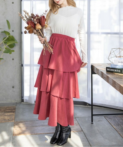 clear（クリア）の「ピーチ起毛3段ティアードロングスカート [低身長用サイズ有 ボリューム感 カジュアルにも]≪再入荷≫（スカート・レディース・チャコールグレー/レッド/アイボリー/キャメル・F/XS）」の7枚目の写真