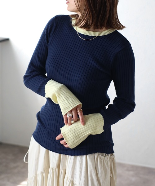 Bonjour Sagan（ボンジュールサガン）の「配色フィンガーホールリブニット（ニット/セーター・レディース・ネイビー/ライトグレー/ブラック/アイボリー・FREE）」の4枚目の写真