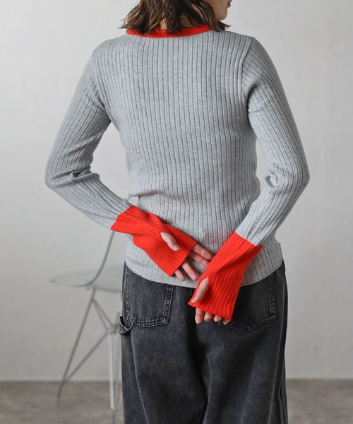 Bonjour Sagan（ボンジュールサガン）の「配色フィンガーホールリブニット（ニット/セーター・レディース・ネイビー/ライトグレー/ブラック/アイボリー・FREE）」の3枚目の写真