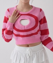 【ZOZO限定】ハートニット カットアウトデザイン ボーダー クロップド
