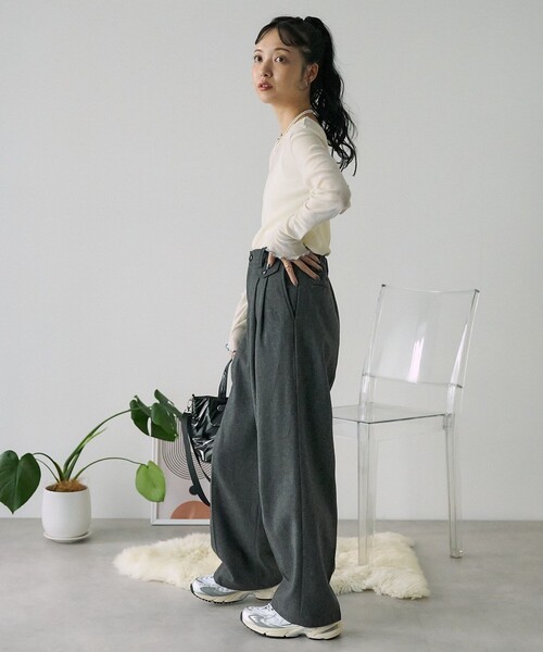 FREAK'S STORE（フリークスストア）の「ウーリー タックワイドパンツ/ツータックパンツ/チェックパンツ/スラックス（スラックス・レディース・ブラウン/ネイビー/その他16/グレー・MEDIUM/SMALL）」の10枚目の写真