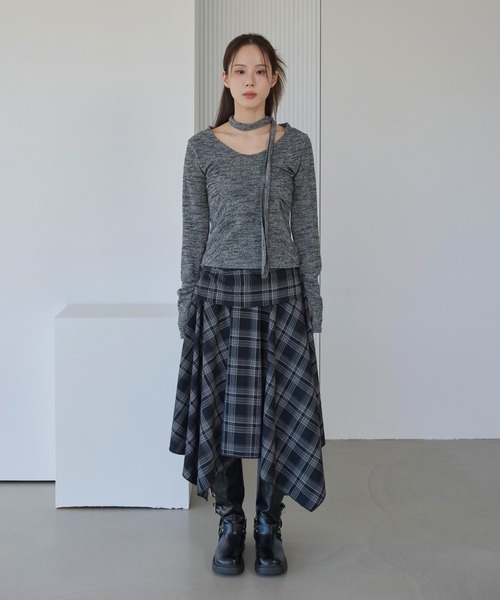 UNE MANSION（ユヌマンション）の「【UNE ORIGINAL】【インサイドウエストゴム仕様】【ローウエスト着用でスタイリッシュに！】レイヤードユニークアンバランスチェックスカート（スカート・レディース・ブラウン/レッド/ネイビー/ブラック/グレー・FREE）」の13枚目の写真