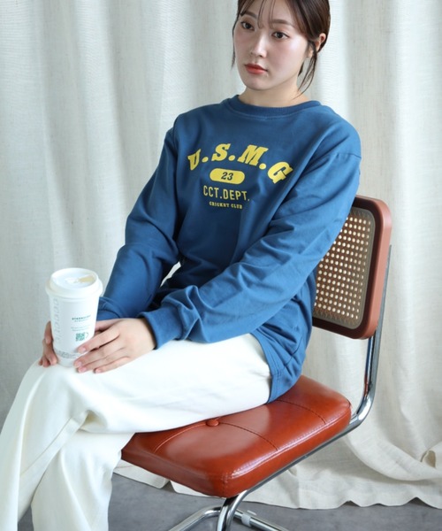 aimoha（アイモハ）の「カレッジロゴ長袖Tシャツ（Tシャツ/カットソー・レディース・ダークグレー/ベージュ/ネイビー/ホワイト/ライトグレー/グリーン/グレー・SMALL/MEDIUM/LARGE/X-LARGE）」の7枚目の写真