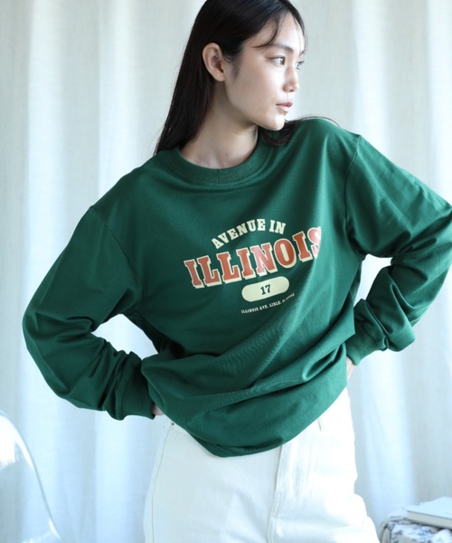 aimoha（アイモハ）の「カレッジロゴ長袖Tシャツ（Tシャツ/カットソー・レディース・ダークグレー/ベージュ/ネイビー/ホワイト/ライトグレー/グリーン/グレー・SMALL/MEDIUM/LARGE/X-LARGE）」の6枚目の写真