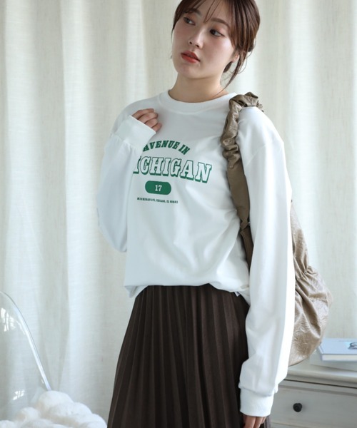 aimoha（アイモハ）の「カレッジロゴ長袖Tシャツ（Tシャツ/カットソー・レディース・ダークグレー/ベージュ/ネイビー/ホワイト/ライトグレー/グリーン/グレー・SMALL/MEDIUM/LARGE/X-LARGE）」の16枚目の写真