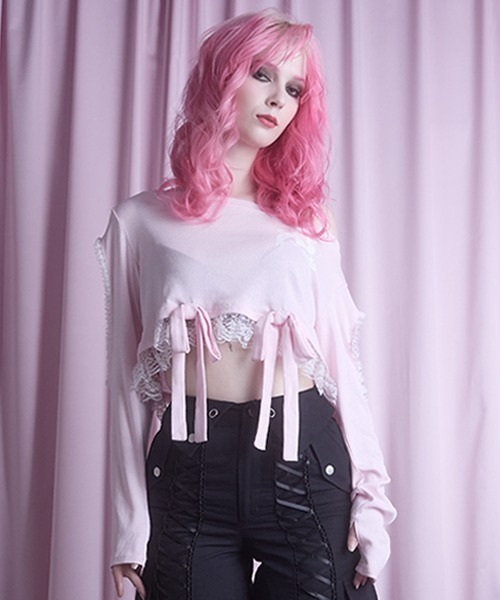 Open shoulder printed ribbon hood tops（Tシャツ/カットソー