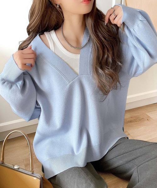 classicalelf(クラシカルエルフ)の「大人っぽカジュアルの新定番!もちもちVネックジャガード編みニットセーター(長袖)(ニット/セーター・レディース・ブルー/ピンク/ブラック/アイボリー/ベージュ/チャコール・MEDIUM/SMALL/X-LARGE/LARGE)」の15枚目の写真