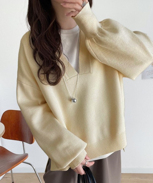 classicalelf(クラシカルエルフ)の「大人っぽカジュアルの新定番!もちもちVネックジャガード編みニットセーター(長袖)(ニット/セーター・レディース・ブルー/ピンク/ブラック/アイボリー/ベージュ/チャコール・MEDIUM/SMALL/X-LARGE/LARGE)」の16枚目の写真