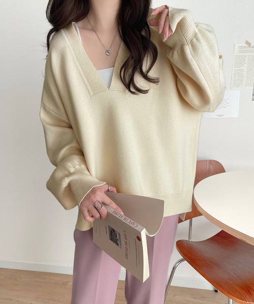 classicalelf(クラシカルエルフ)の「大人っぽカジュアルの新定番!もちもちVネックジャガード編みニットセーター(長袖)(ニット/セーター・レディース・ブルー/ピンク/ブラック/アイボリー/ベージュ/チャコール・MEDIUM/SMALL/X-LARGE/LARGE)」の19枚目の写真