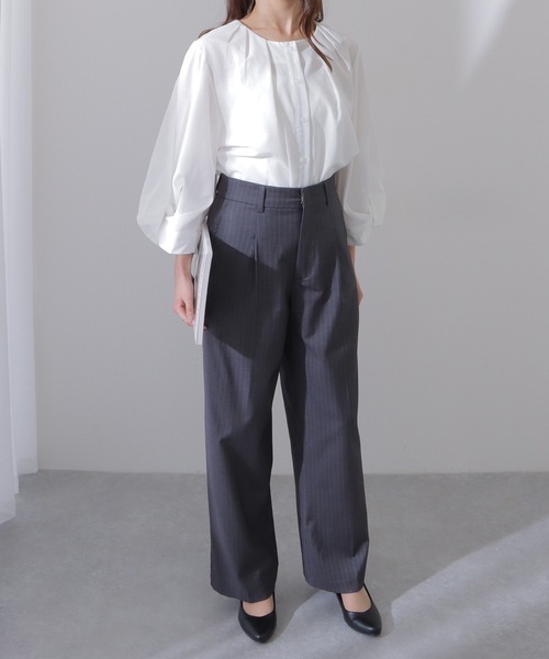 Lace Ladies(レースレディース)の「ピンストライプ柄 ハイウエスト セミワイド ストレート パンツ(スラックス・レディース・ネイビー/ブラック/グレー・S/M/L)」の14枚目の写真