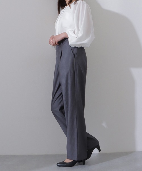 Lace Ladies(レースレディース)の「ピンストライプ柄 ハイウエスト セミワイド ストレート パンツ(スラックス・レディース・ネイビー/ブラック/グレー・S/M/L)」の17枚目の写真