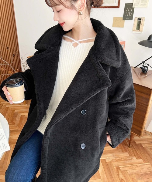セール】2WAYアレンジカラーミドル丈テディベアボアPコートジャケット