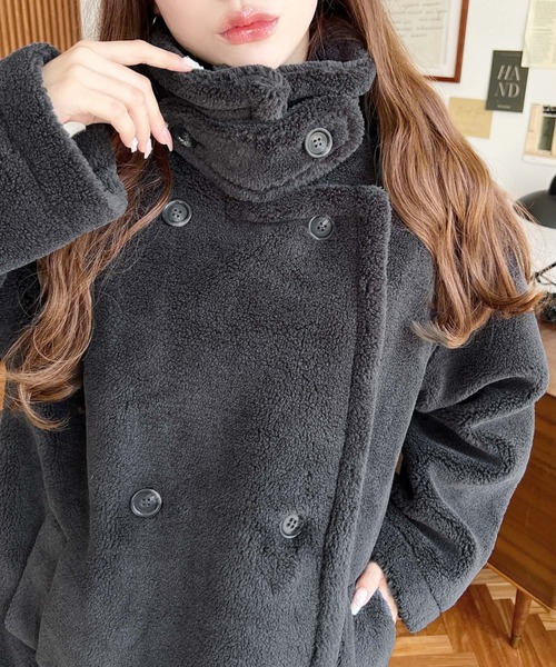 2WAYアレンジカラーミドル丈テディベアボアPコートジャケット
