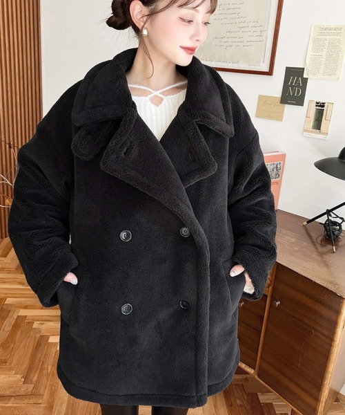 2WAYアレンジカラーミドル丈テディベアボアPコートジャケット