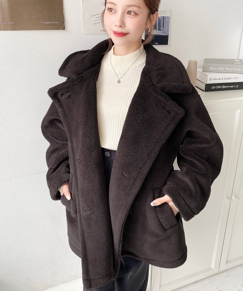 2WAYアレンジカラーミドル丈テディベアボアPコートジャケット