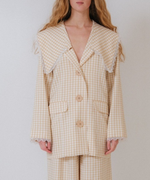 HONEY MI HONEY（ハニーミーハニー）の「big collar lace trimming jacket（テーラードジャケット・レディース・ベージュ/ブラック・FREE）」の5枚目の写真