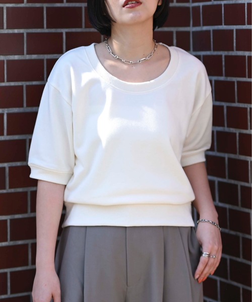 &HALF(アンドハーフ)の「ハーフスリーブスウェット(半袖スウェット)(Tシャツ/カットソー・レディース・アッシュグレー/ブラック/オフホワイト・FREE)」の4枚目の写真