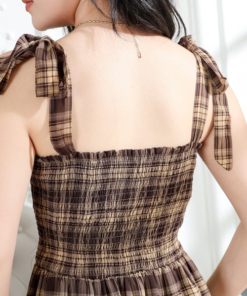 チェック柄 肩リボン キャミソールワンピース★可愛い おしゃれ セール】タータンチェック 肩リボン シャーリング キャミソール