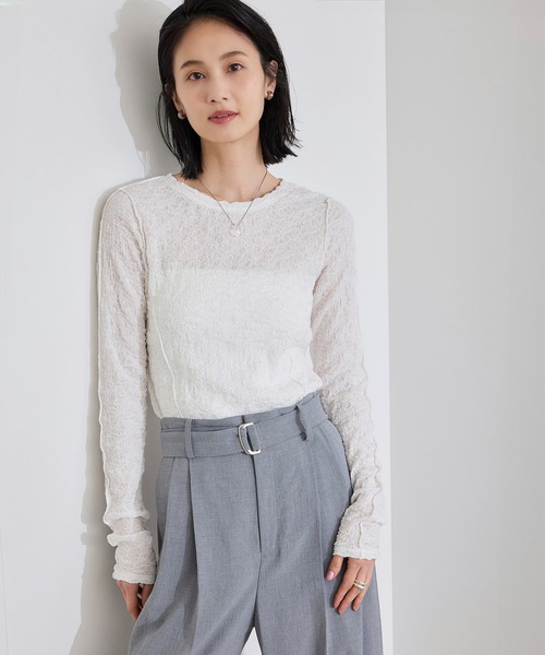 ROPE'（ロペ）の「【WEB・一部店舗限定】ストレッチシアー＆レースカットソー/洗える（Tシャツ/カットソー・レディース・ブラック系その他/ブラック/ホワイト系その他/ホワイト・FREE）」の2枚目の写真