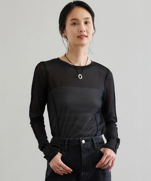 ROPE'（ロペ）の「【WEB・一部店舗限定】ストレッチシアー＆レースカットソー/洗える（Tシャツ/カットソー・レディース・ブラック系その他/ブラック/ホワイト系その他/ホワイト・FREE）」の3枚目の写真