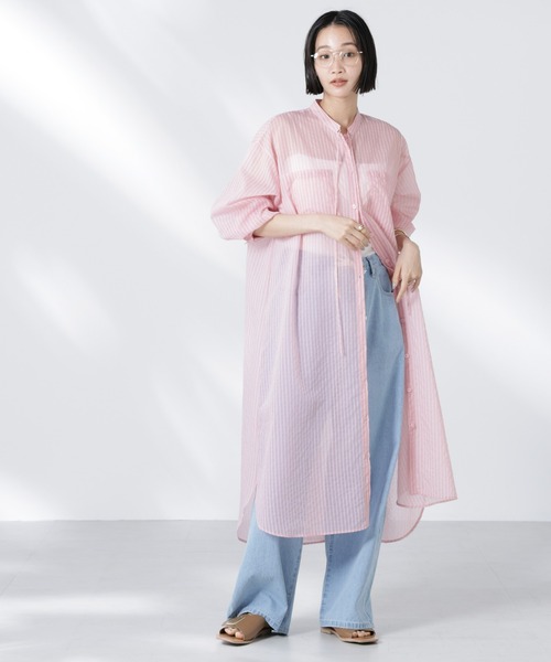 NANO universe（ナノユニバース）の「シアーストライプシャツワンピース（シャツワンピース・レディース・ブラック/ピンク/アイボリー・FREE）」の3枚目の写真