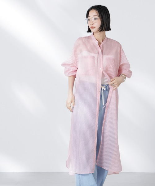 NANO universe（ナノユニバース）の「シアーストライプシャツワンピース（シャツワンピース・レディース・ブラック/ピンク/アイボリー・FREE）」の8枚目の写真