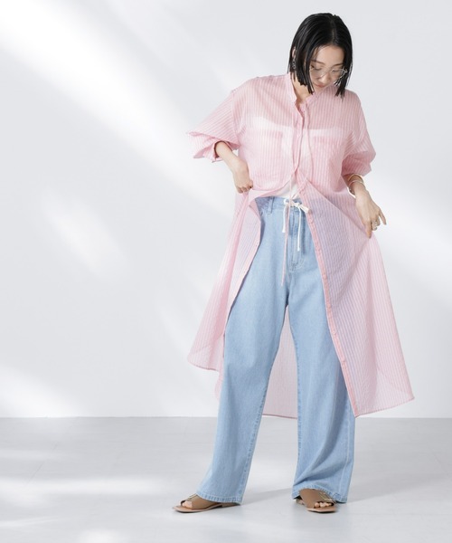 NANO universe（ナノユニバース）の「シアーストライプシャツワンピース（シャツワンピース・レディース・ブラック/ピンク/アイボリー・FREE）」の12枚目の写真