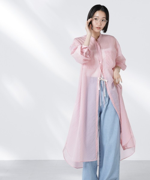 NANO universe（ナノユニバース）の「シアーストライプシャツワンピース（シャツワンピース・レディース・ブラック/ピンク/アイボリー・FREE）」の4枚目の写真