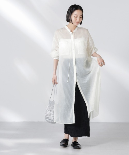 NANO universe（ナノユニバース）の「シアーストライプシャツワンピース（シャツワンピース・レディース・ブラック/ピンク/アイボリー・FREE）」の7枚目の写真