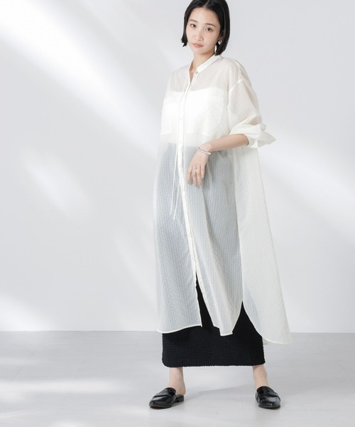 NANO universe（ナノユニバース）の「シアーストライプシャツワンピース（シャツワンピース・レディース・ブラック/ピンク/アイボリー・FREE）」の6枚目の写真