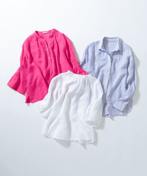 23区 L(ニジュウサンクオオキイサイズ)の「【洗える】LIBECOリネン ボリュームスリーブ ブラウス(シャツ/ブラウス・レディース・ホワイト系/ダークブラウン系/ダークグリーン系/ふじ色系/スカイブルー系/オールドローズ系・48/46/44)」の21枚目の写真