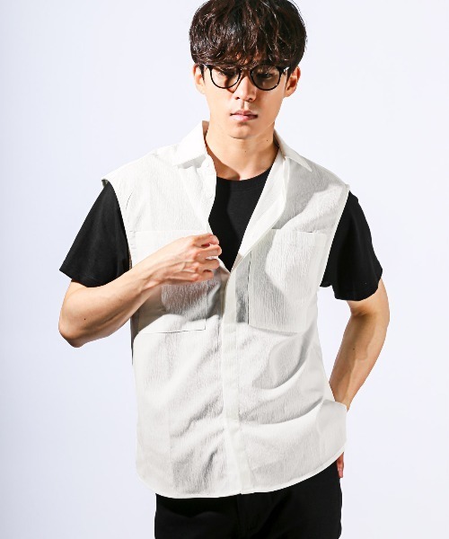 LUXSTYLE(ラグスタイル)の「楊柳ノースリーブシャツ(シャツ/ブラウス・メンズ・ホワイト/ブラック・L/M)」の13枚目の写真