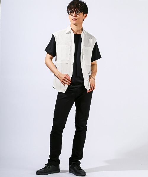 LUXSTYLE(ラグスタイル)の「楊柳ノースリーブシャツ(シャツ/ブラウス・メンズ・ホワイト/ブラック・L/M)」の14枚目の写真