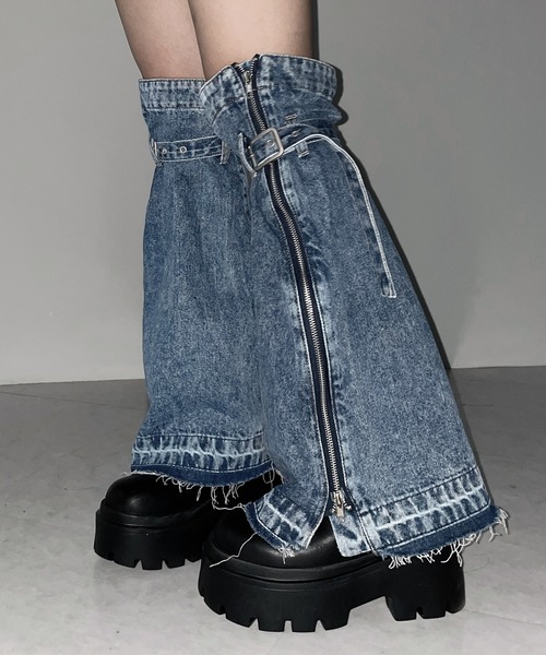 セール】【 2color 】ベルテッドサイドジップデニムレッグカバー