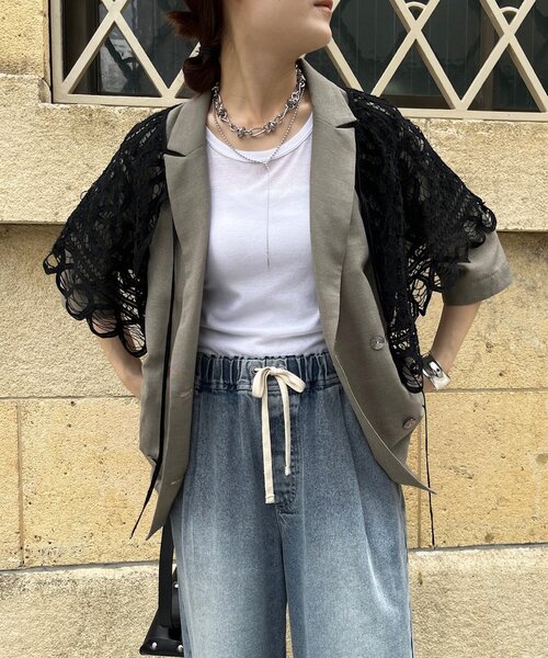 ドゥドゥ DOUDOU 花柄レース ボレロ カーデ 上品 薄手 羽織物 グレー カーデ レース ボレロ アウター シアー 薄手 カーディガン