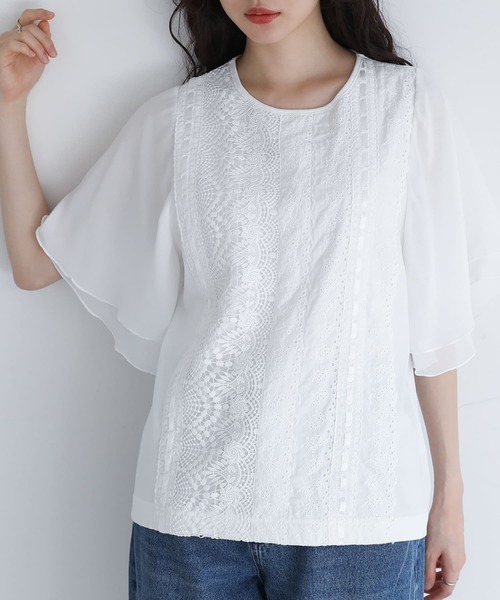 somari imagination(ソマリ イマジネーション)の「『フレア袖レースデザインカットソー』(Tシャツ/カットソー・レディース・オフホワイト/ブラック・1/2)」の2枚目の写真