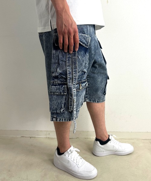 ARCADE(アーケード)の「10.5oz ルーズフィット テクノカーゴ デニムハーフパンツ HALHAM(カーゴパンツ・メンズ・ブルー/ブラック・XL/M/L)」の9枚目の写真