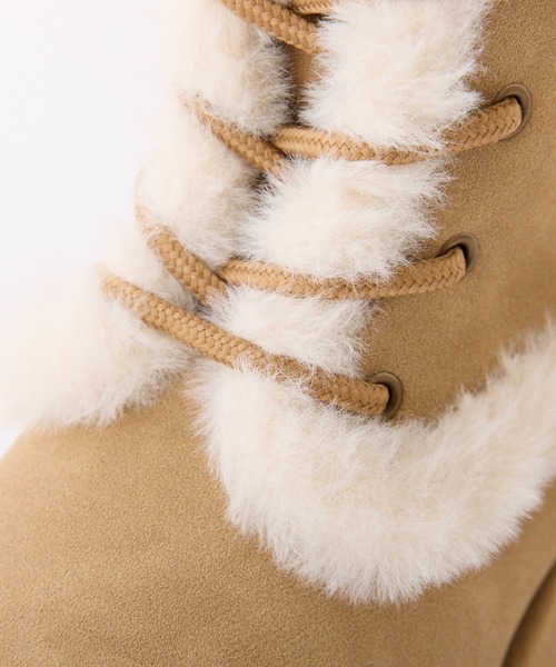one after another NICE CLAUP（ワンアフターアナザーナイスクラップ）の「【再入荷】マイナス3キロ見えレースアップムートンブーツ（ブーツ・レディース・ダークブラウン/ベージュ・L/M/S）」の4枚目の写真