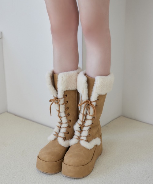 one after another NICE CLAUP（ワンアフターアナザーナイスクラップ）の「【再入荷】マイナス3キロ見えレースアップムートンブーツ（ブーツ・レディース・ダークブラウン/ベージュ・L/M/S）」の18枚目の写真