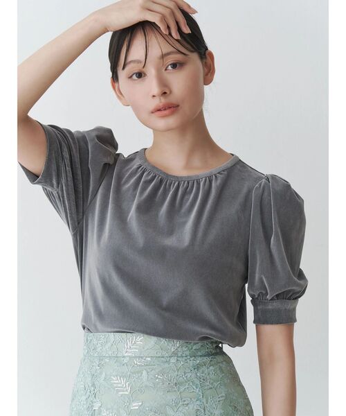 TONAL（トーナル）の「フロッキーチュールギャザースリーブトップス（Tシャツ/カットソー・レディース・ミント/グレー/ブラウン・MEDIUM）」の2枚目の写真