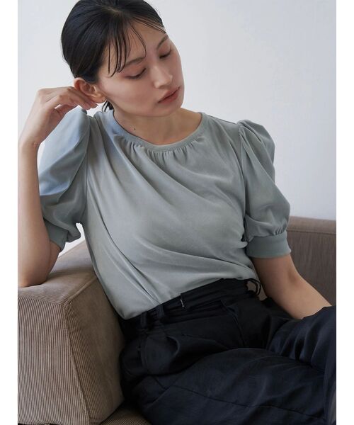 TONAL（トーナル）の「フロッキーチュールギャザースリーブトップス（Tシャツ/カットソー・レディース・ミント/グレー/ブラウン・MEDIUM）」の4枚目の写真