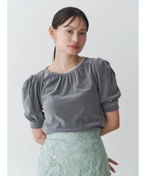 TONAL（トーナル）の「フロッキーチュールギャザースリーブトップス（Tシャツ/カットソー・レディース・ミント/グレー/ブラウン・MEDIUM）」の6枚目の写真