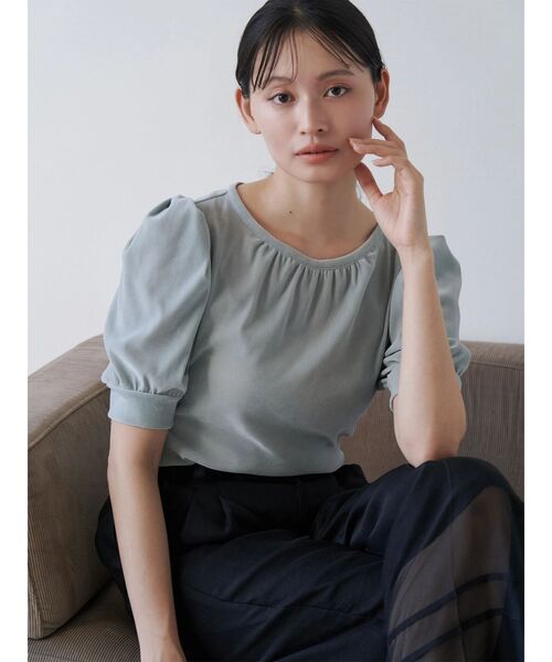 TONAL（トーナル）の「フロッキーチュールギャザースリーブトップス（Tシャツ/カットソー・レディース・ミント/グレー/ブラウン・MEDIUM）」の7枚目の写真