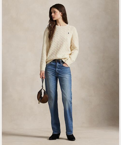 美品 ポロラルフローレン カシミヤクルーネックセーター ベージュ M POLO RALPH LAUREN（ポロ ラルフ ローレン）の「ケーブル ウール