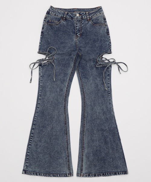 WEGO（ウィゴー）の「WEGO/カットアウトリボンストレッチデニムフレアパンツ（デニムパンツ・レディース・コバルトブルー/ブラック系3/スカイブルー・SMALL/MEDIUM）」の7枚目の写真