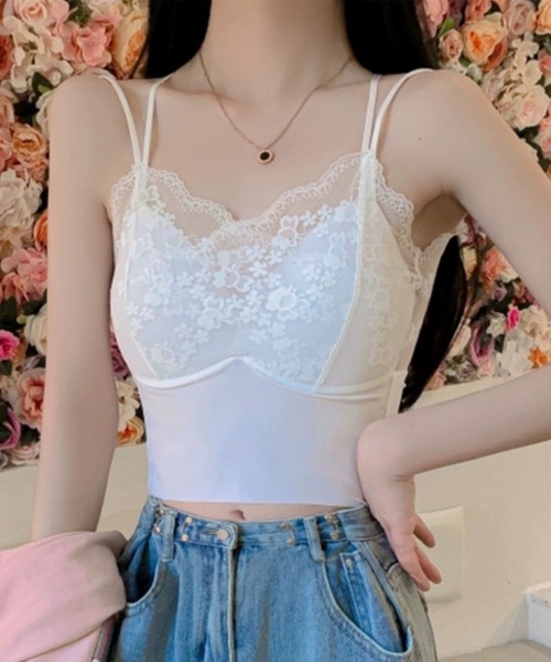 Lace Ladies(レースレディース)の「バック クロス レース レイヤード カップ付き キャミソール(キャミソール・レディース・ブラック/ホワイト・FREE)」の1枚目の写真