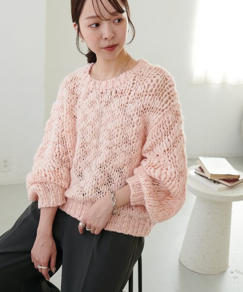 手編み風ピンクセーター セール】手編み風スラブニットプルオーバー（ニット/セーター