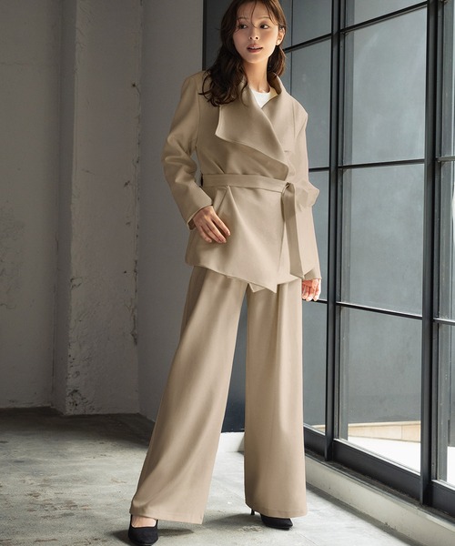 セール】ビッグカラー リボンベルト付きジャケット ワイドパンツ